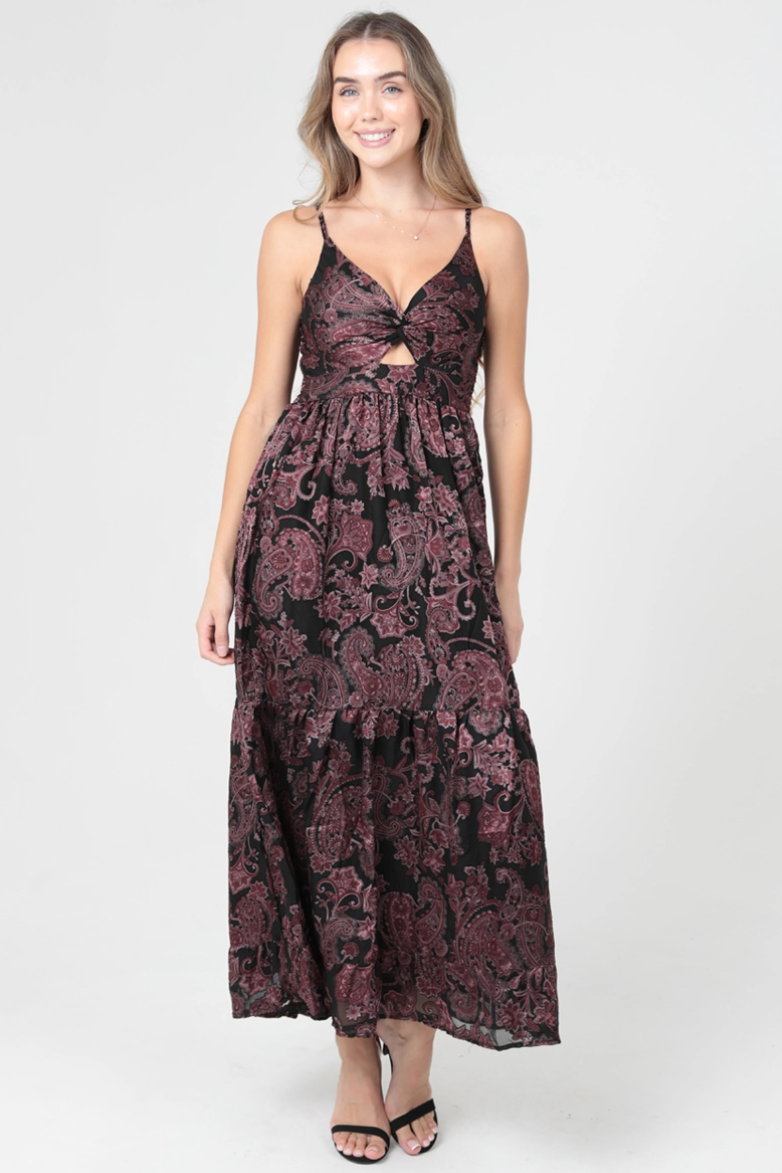 •PAISLEY• satin burnout twist front midaxi dress