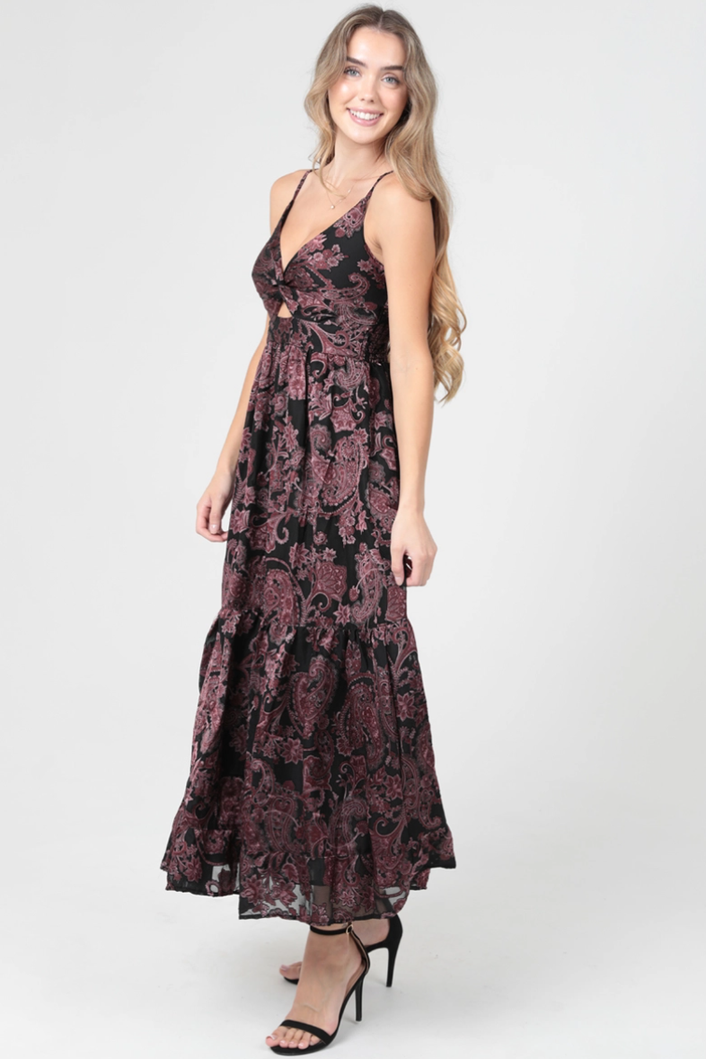 •PAISLEY• satin burnout twist front midaxi dress