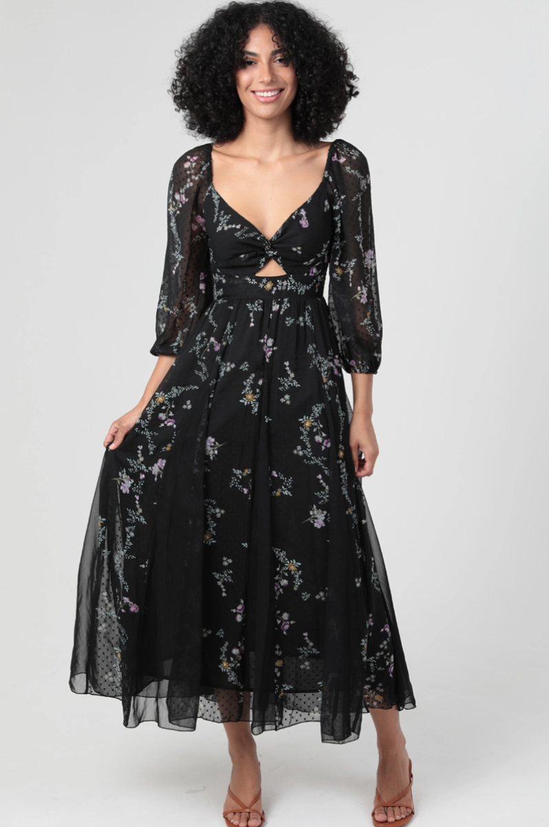 •GODETTE• semi-sheer twist front midaxi dress