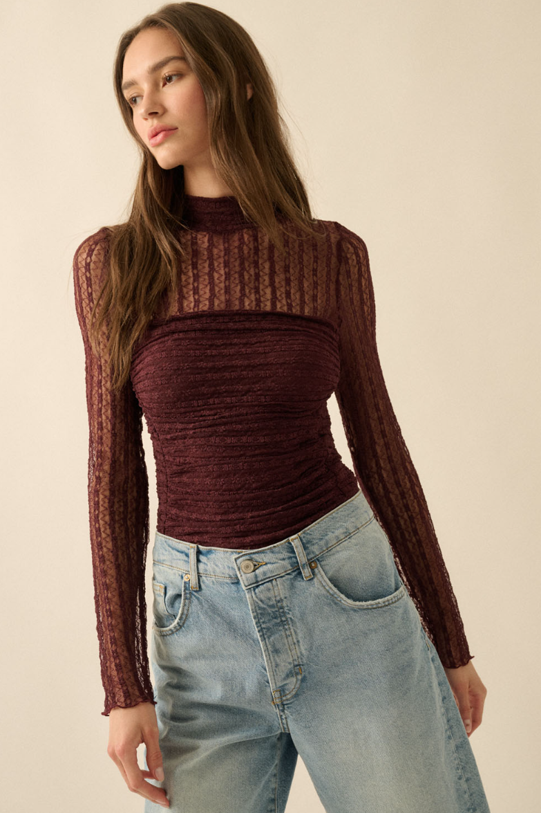 •ENDORA• semi-sheer mesh lace bodysuit