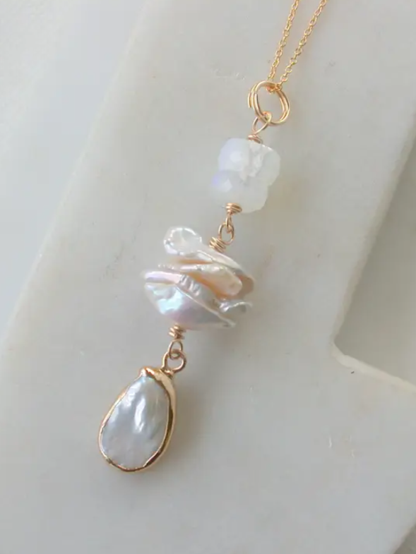 •BEACH STACK• pearl + moonstone gold Y-necklace (18" long)