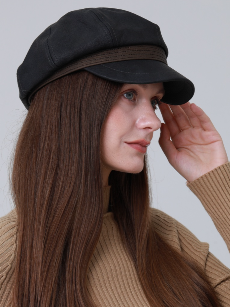 •FAUX LEATHER CABBIE HAT•