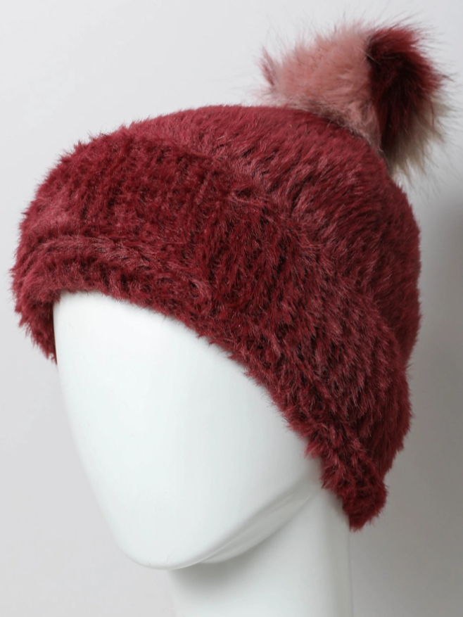 •FAUX MOHAIR FLEECE LINED POM BEANIE•