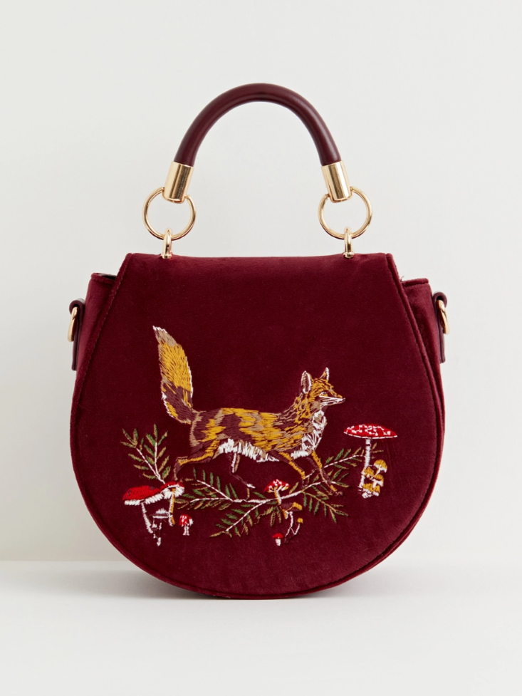 •FOX & SHROOM• embroidered velvet saddle bag