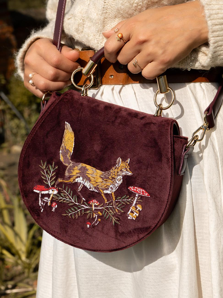 •FOX & SHROOM• embroidered velvet saddle bag