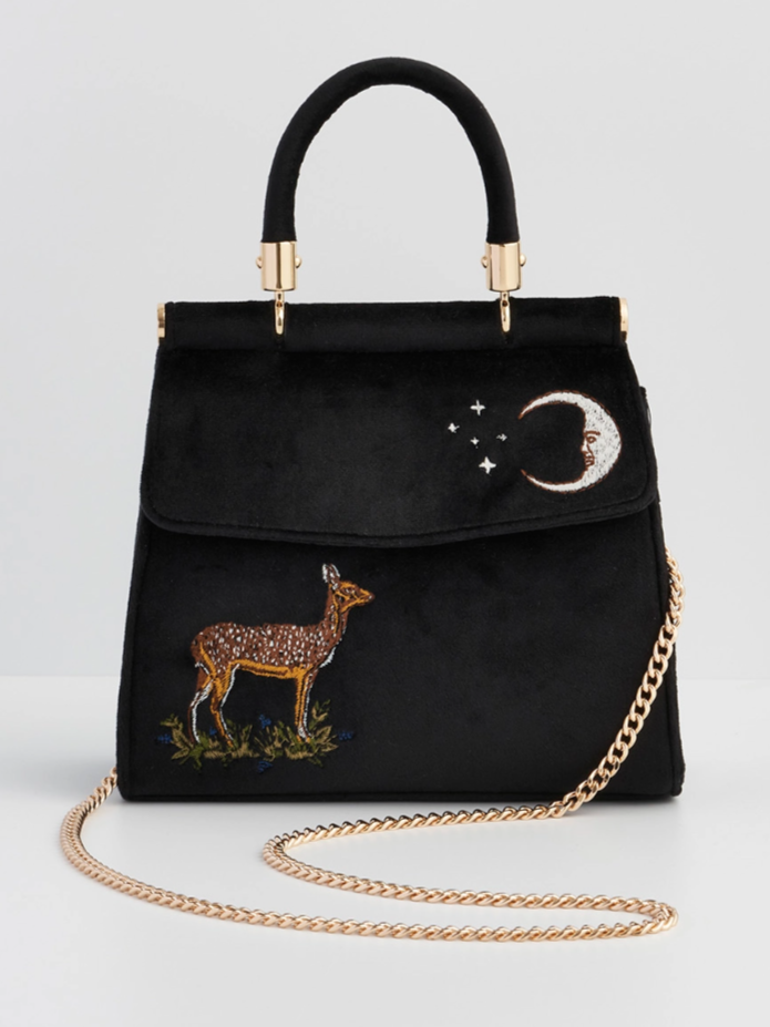 •DEER & MOON• embroidered velvet tote
