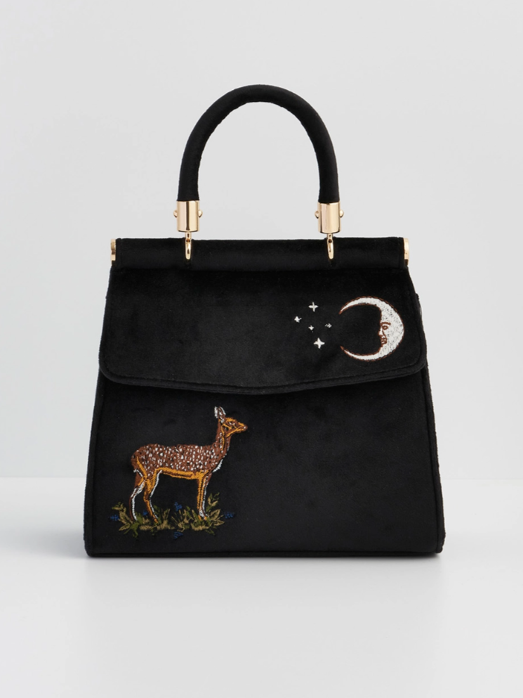 •DEER & MOON• embroidered velvet tote