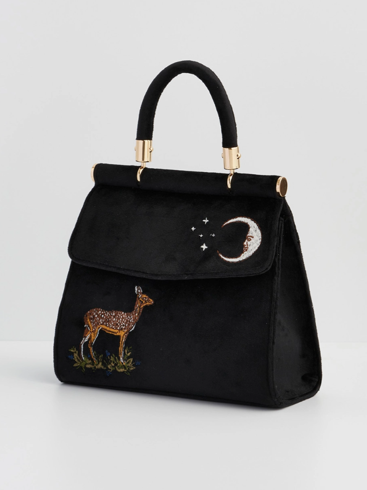 •DEER & MOON• embroidered velvet tote