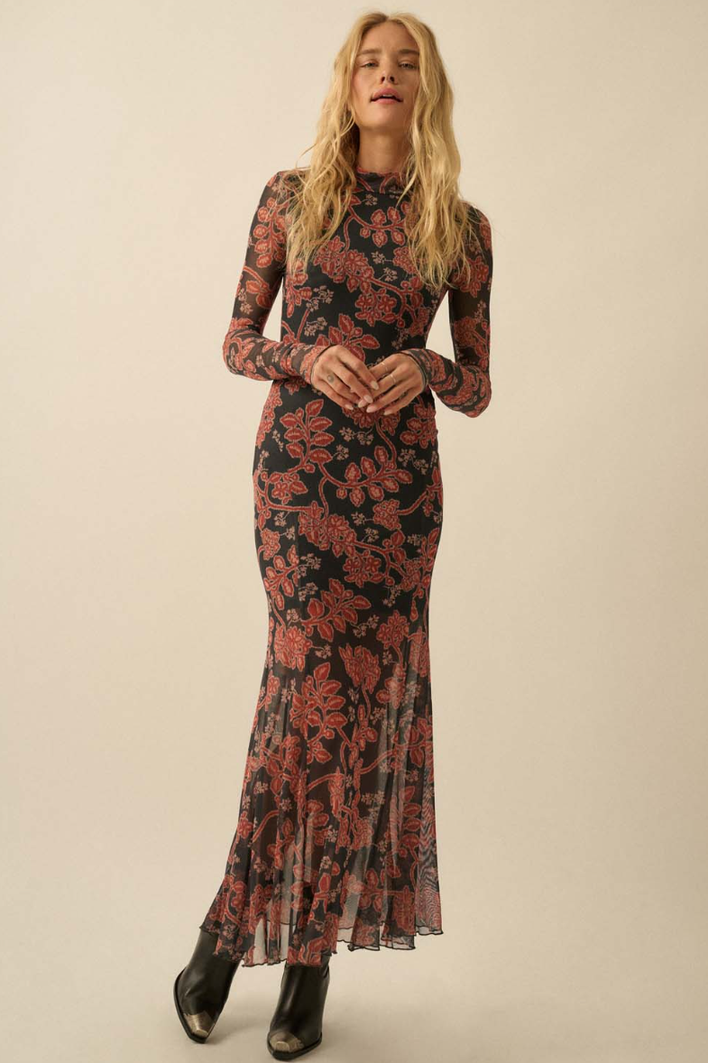 •MEI• floral mesh maxi dress