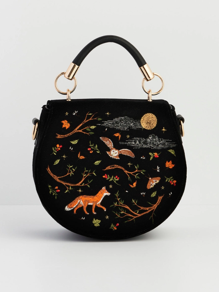 •FOX & OWL• embroidered velvet saddle bag