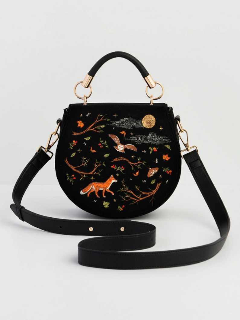 •FOX & OWL• embroidered velvet saddle bag