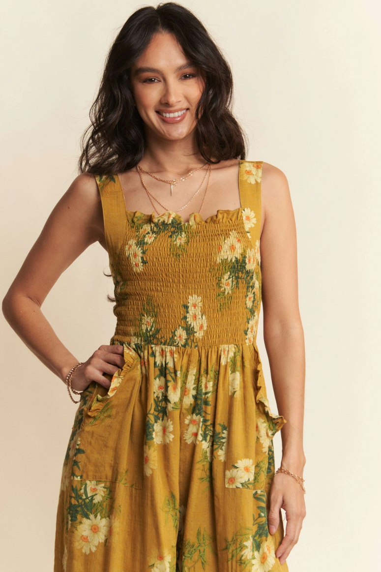 •APRIL - MUSTARD• floral smocked bodice jumpsuit