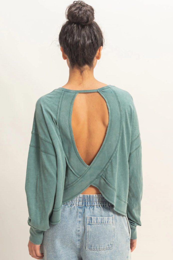 •TONYA• long sleeve open back top