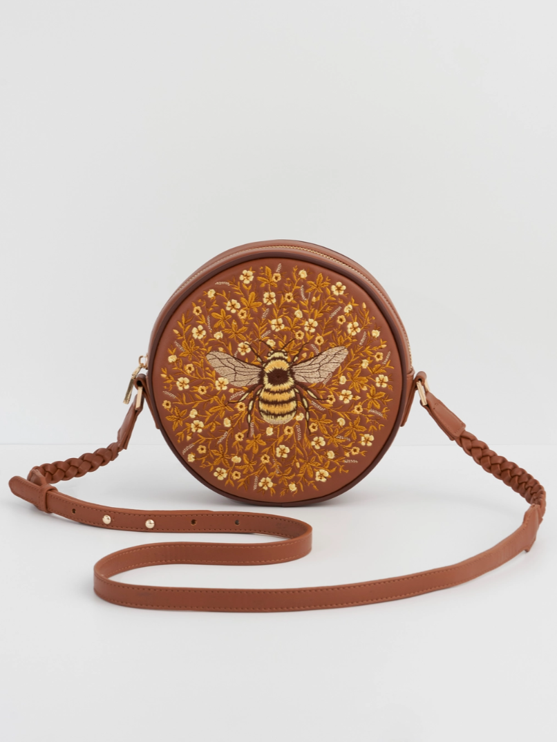 •BUMBLEBEE BLOOM• embroidered vegan leather circle purse