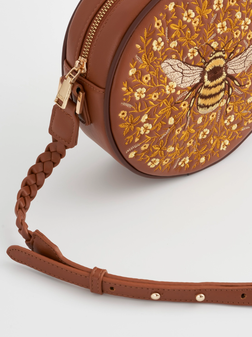 •BUMBLEBEE BLOOM• embroidered vegan leather circle purse