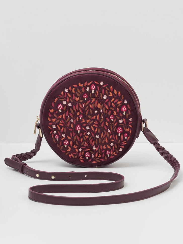 •MUSHROOM MAGIC• embroidered velvet circle purse