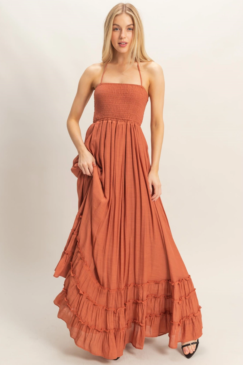 •NICOLE• smocked halter maxi dress