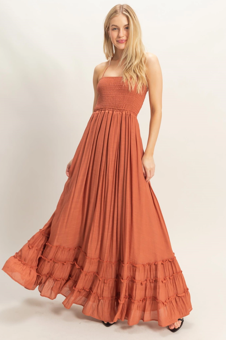 •NICOLE• smocked halter maxi dress