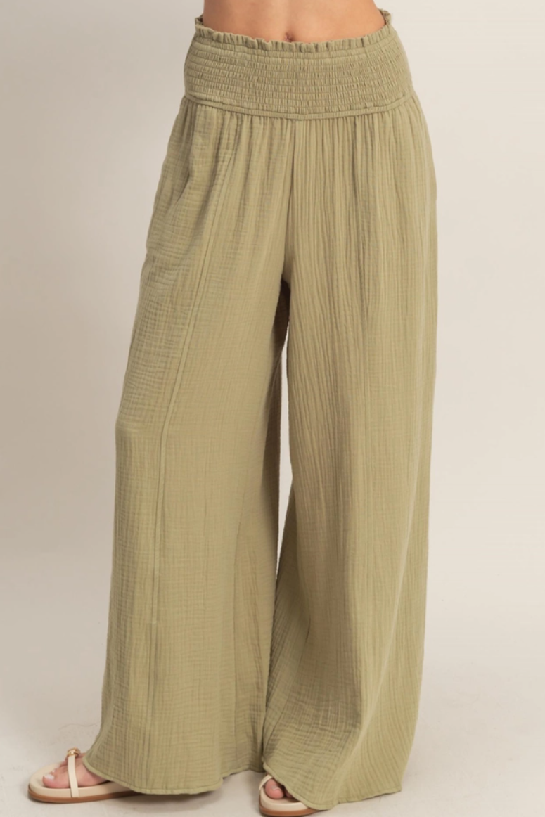 •KARMA• smocked waist wide leg pants