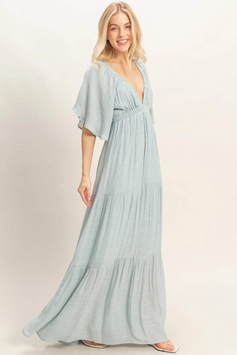 •OLIVIA - BREEZY BLUE• plunging V-neck tiered maxi dress