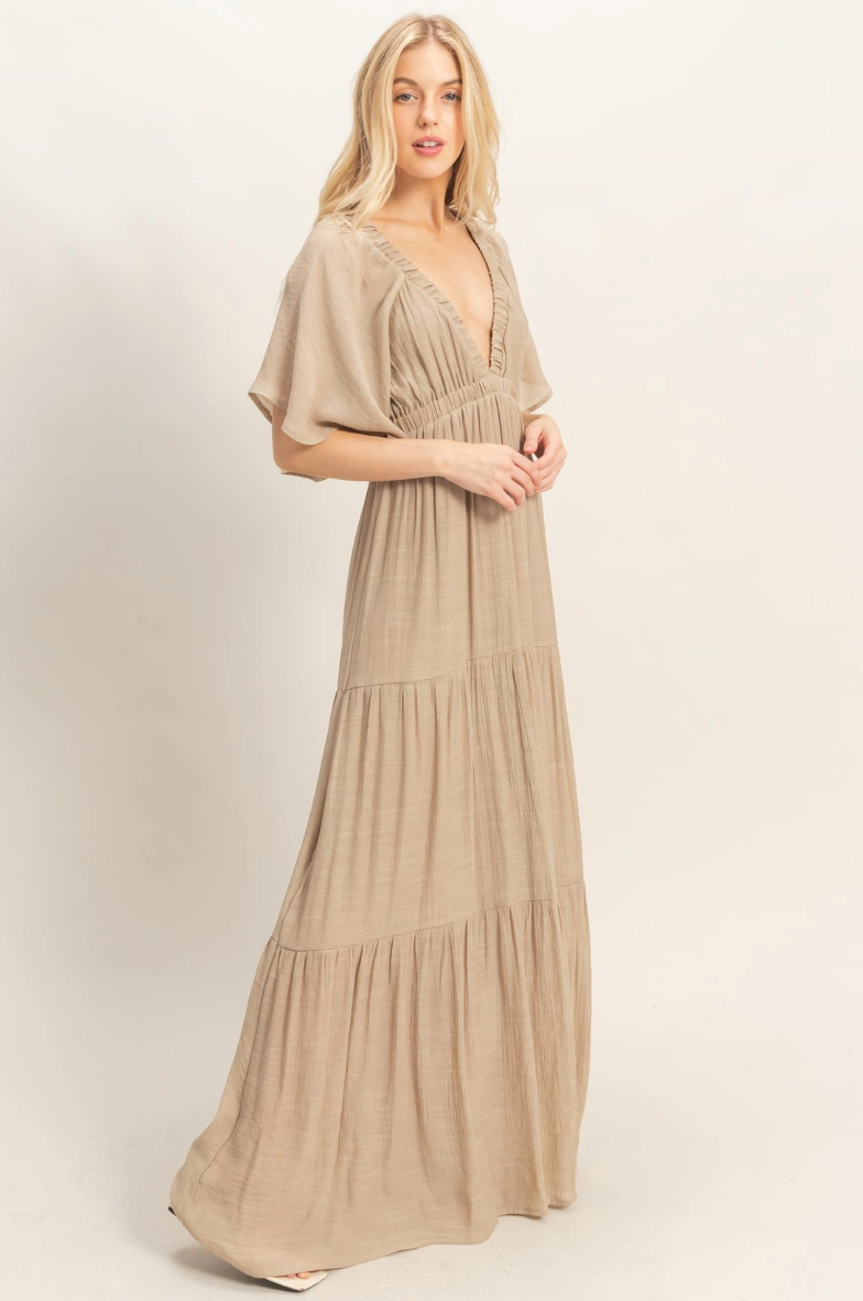 •OLIVIA - SAND• plunging V-neck tiered maxi dress