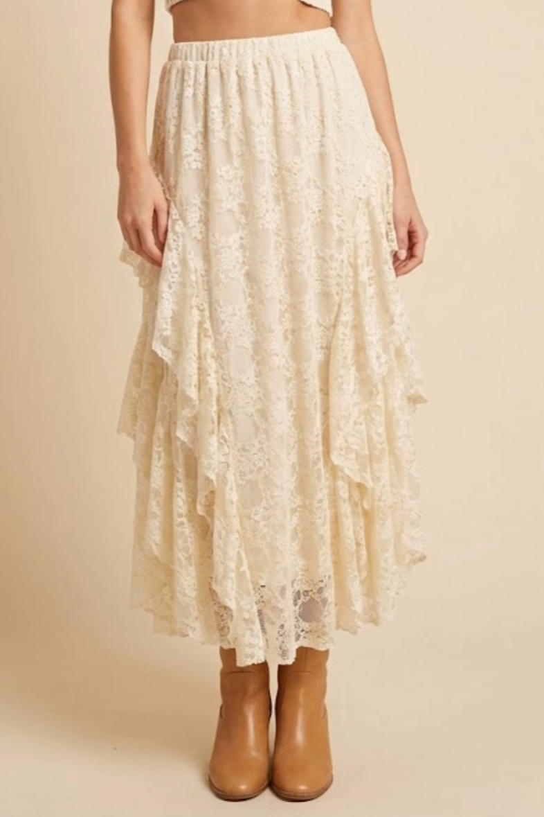 •CRILLA• ruffled lace midi skirt