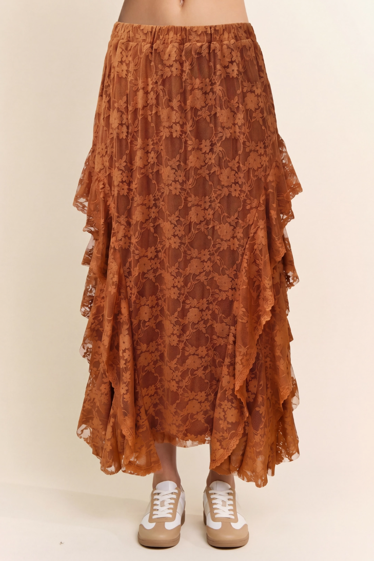•CRILLA• ruffled lace midi skirt
