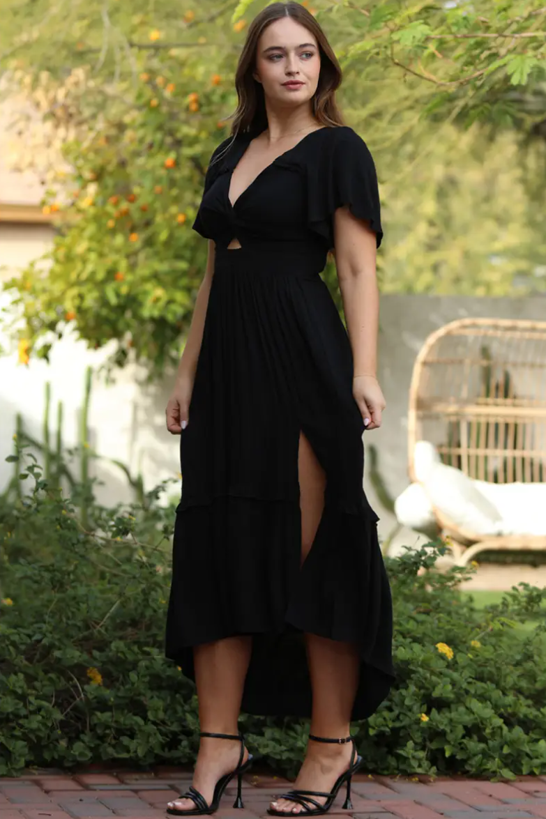 •OPHELIA• solid twist front high-low dress