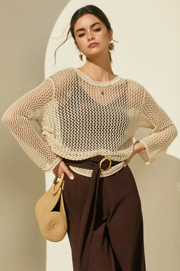 •NERISSA - CREAM• ruched open knit top