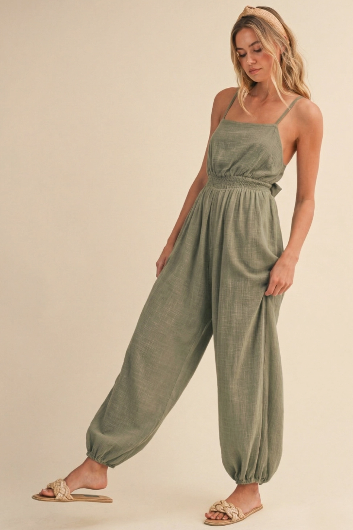 •ACACIA - LIGHT OLIVE• cotton open tie back jumpsuit