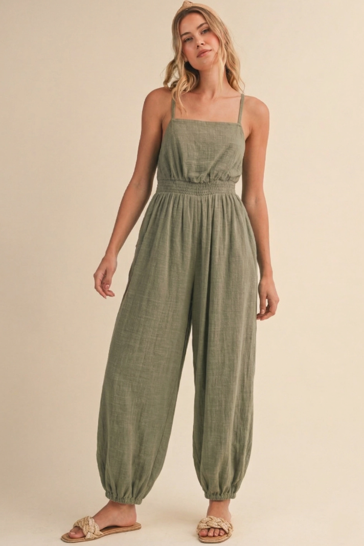 •ACACIA - LIGHT OLIVE• cotton open tie back jumpsuit