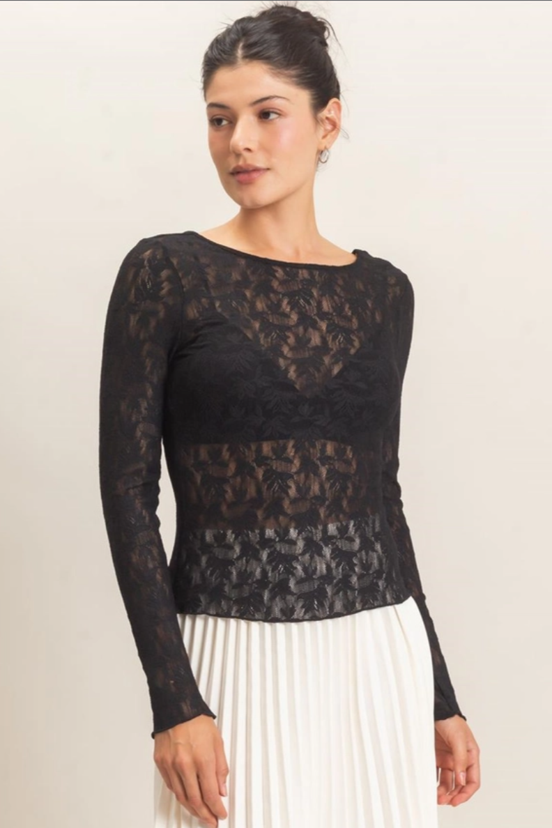 •ESMERALDA - BLACK• lace mesh long sleeve top