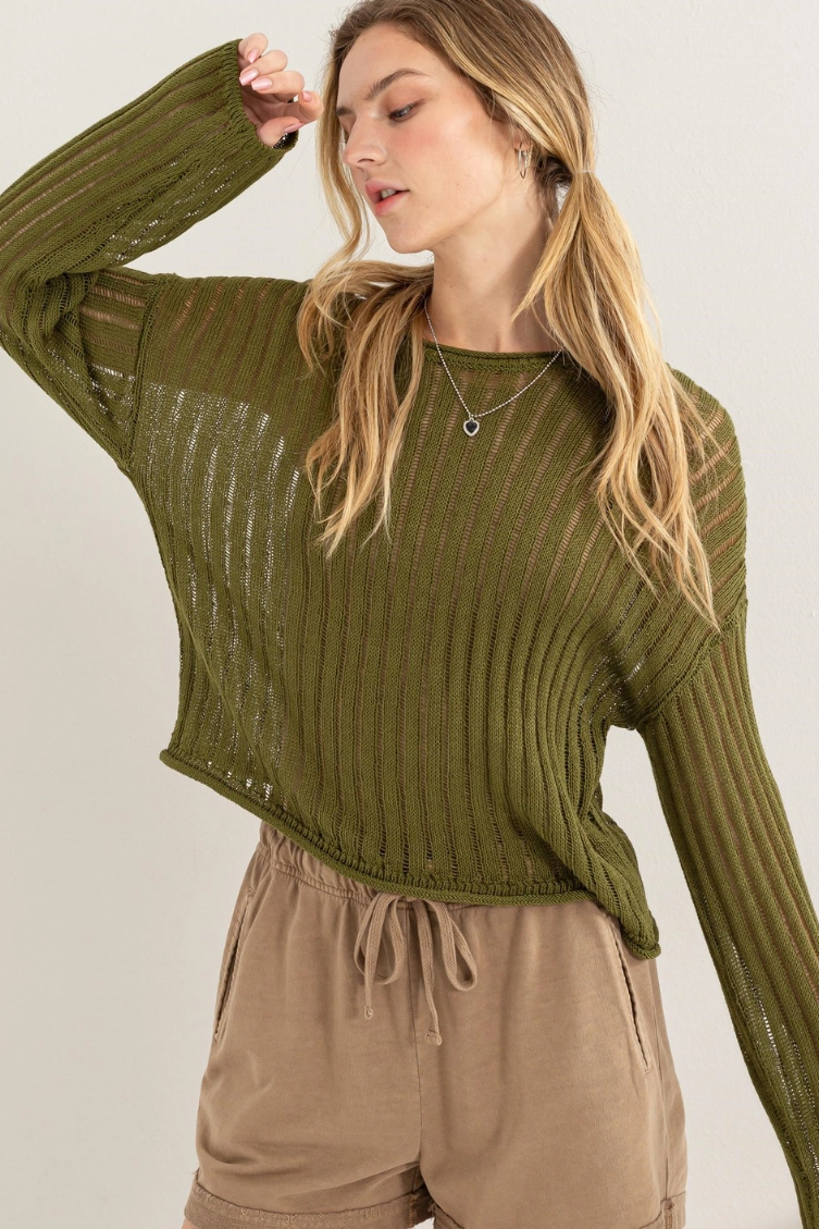 •KRISTI - OLIVE• open knit long sleeve sweater