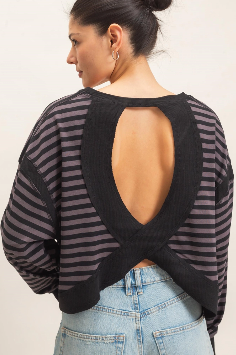 •TONYA - CHARCOAL STRIPE• cotton blend long sleeve open back top