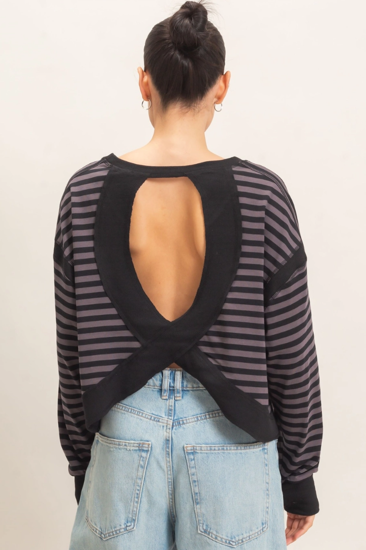 •TONYA - CHARCOAL STRIPE• cotton blend long sleeve open back top
