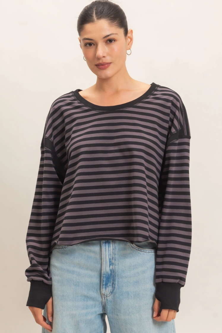 •TONYA - CHARCOAL STRIPE• cotton blend long sleeve open back top