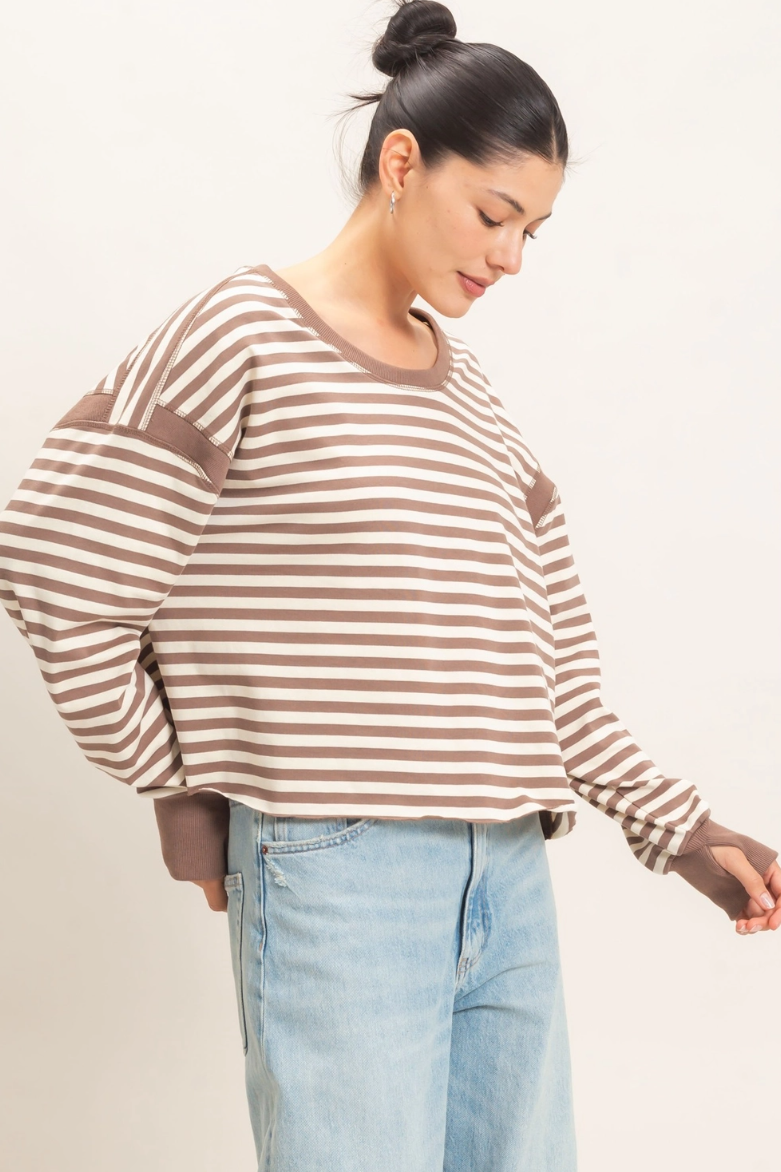 •TONYA - MOCHA STRIPE• cotton blend long sleeve open back top
