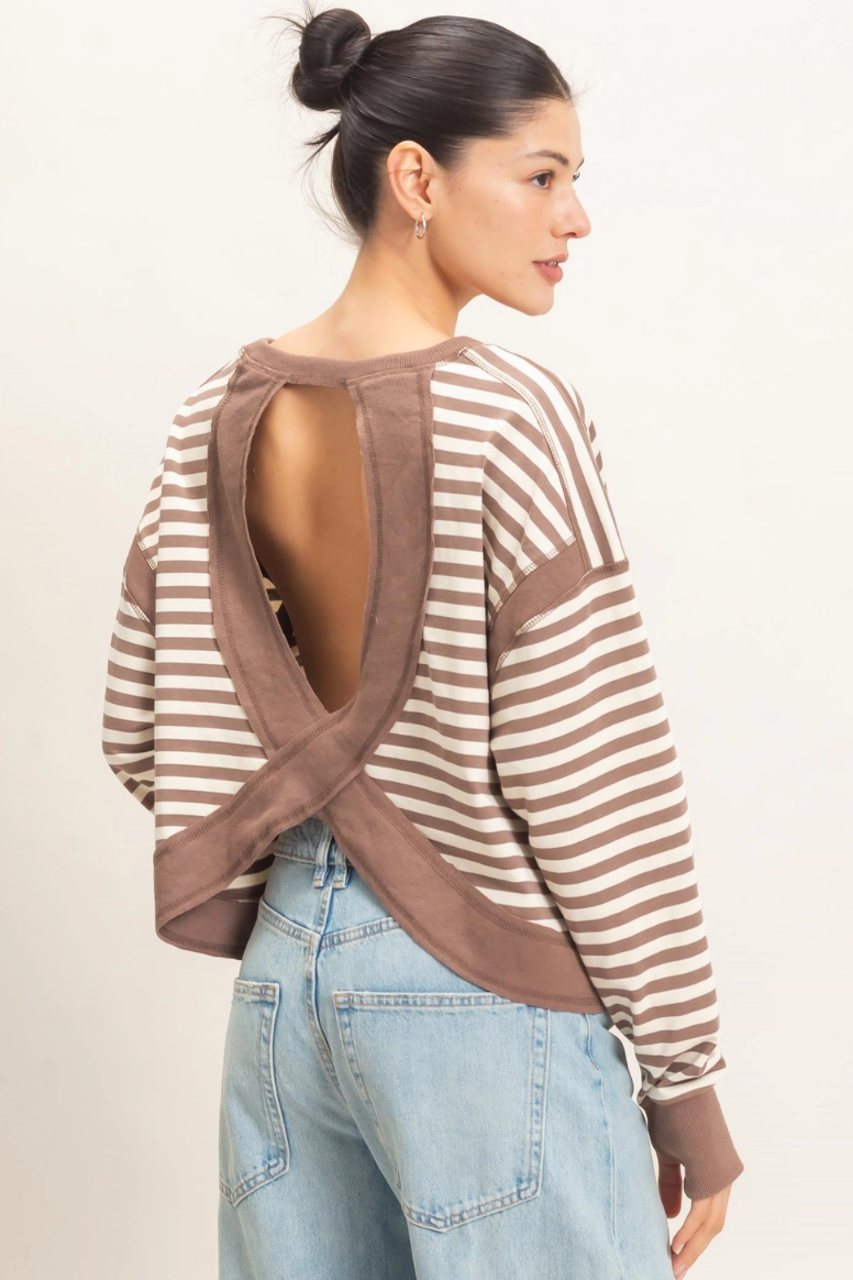 •TONYA - MOCHA STRIPE• cotton blend long sleeve open back top
