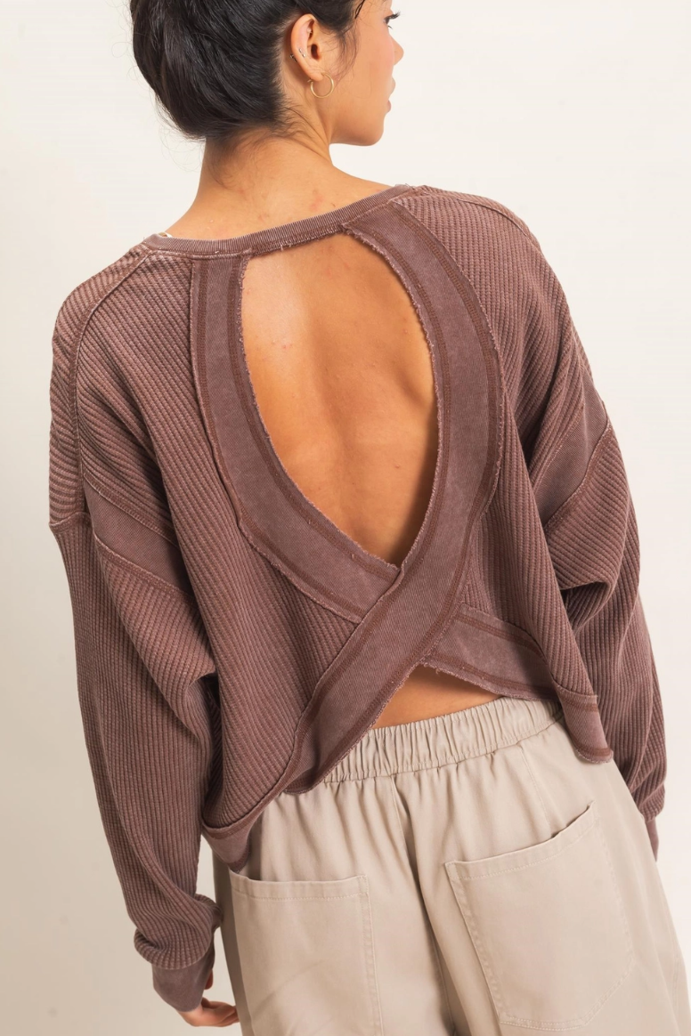 •TONYA - RED BEAN• cotton waffle knit open back top