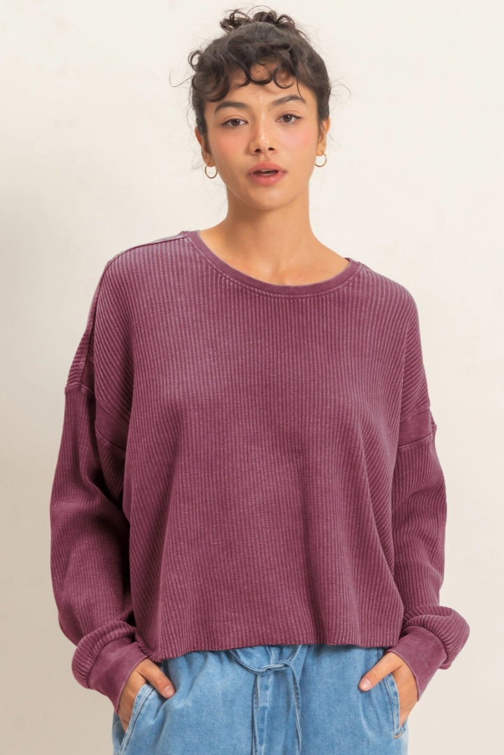 •TONYA - MULBERRY• waffle knit long sleeve open back top
