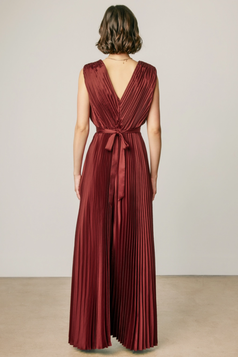 •MAEVE - MERLOT• pleated satin sleeveless maxi dress