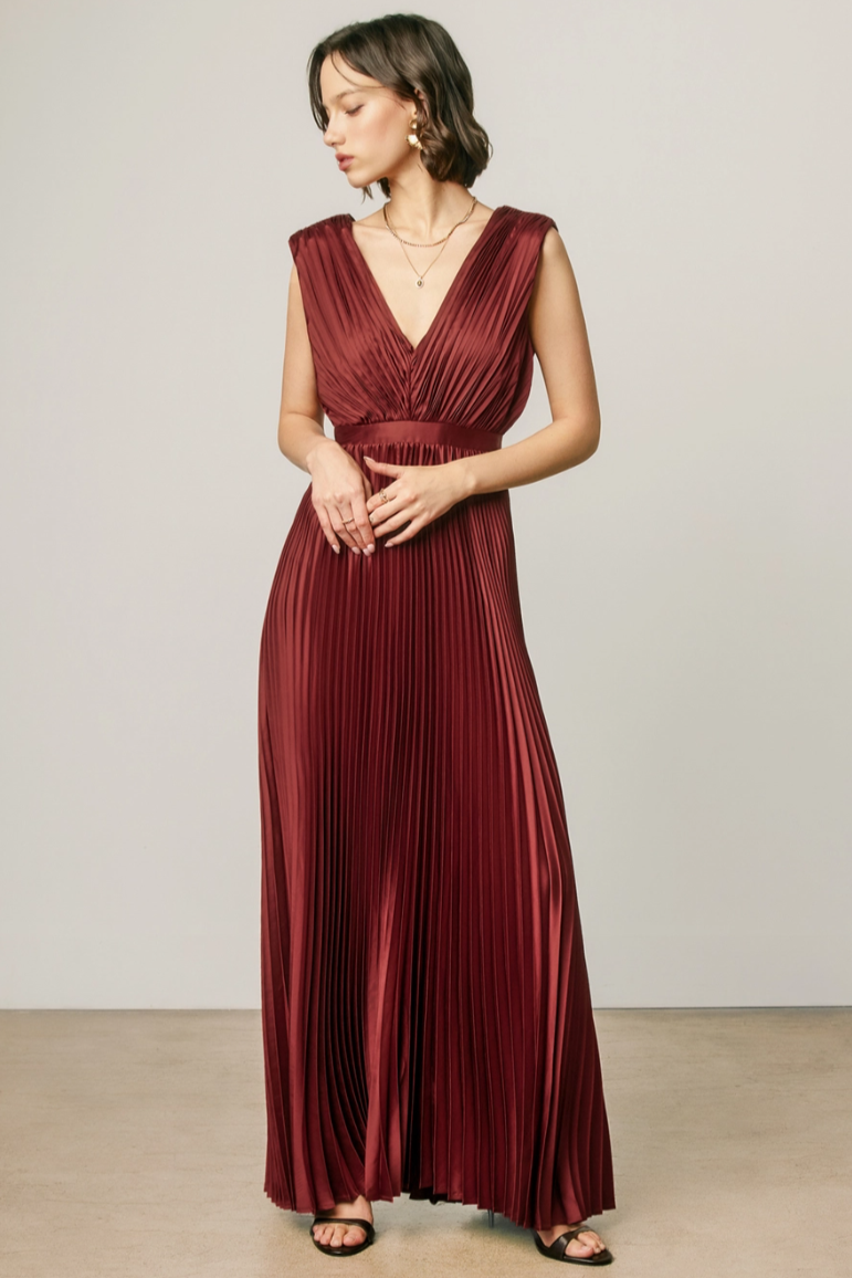 •MAEVE - MERLOT• pleated satin sleeveless maxi dress