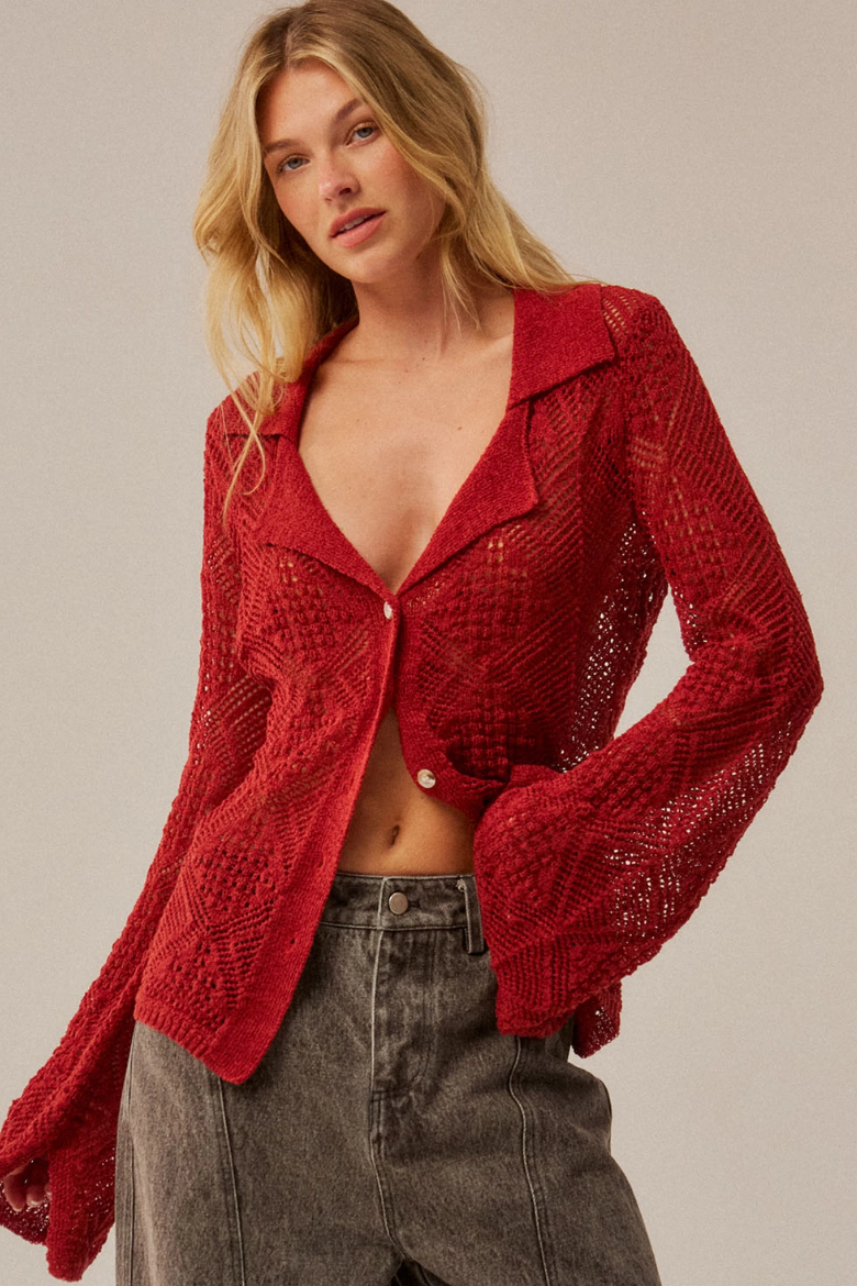 •MONTANA - RED• pointelle knit bell sleeve cardigan / top