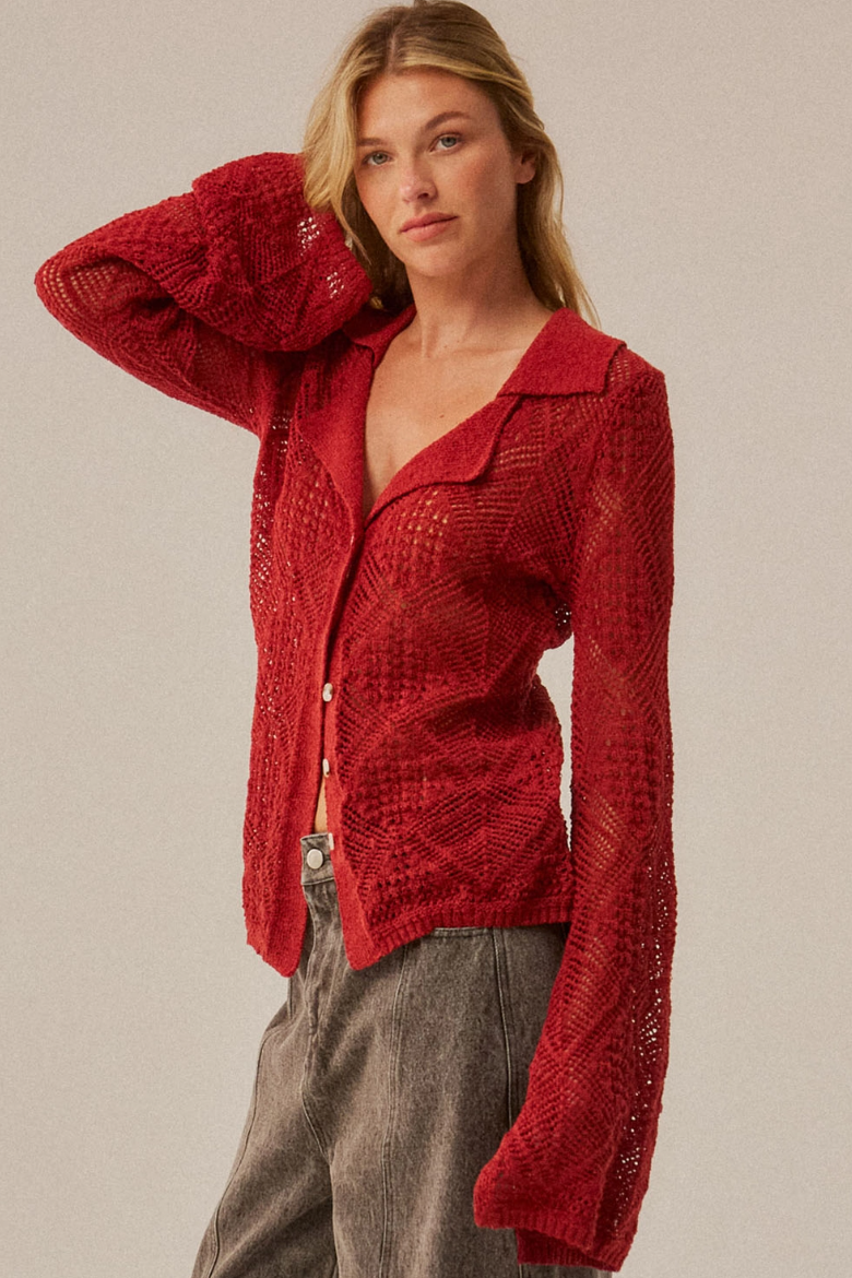 •MONTANA - RED• pointelle knit bell sleeve cardigan / top