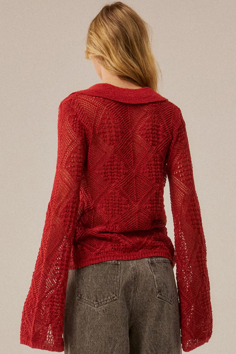 •MONTANA - RED• pointelle knit bell sleeve cardigan / top