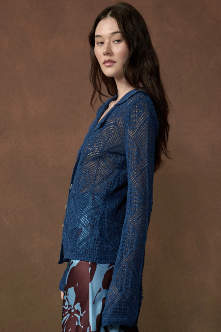 •MONTANA - INDIGO• pointelle knit bell sleeve cardigan / top