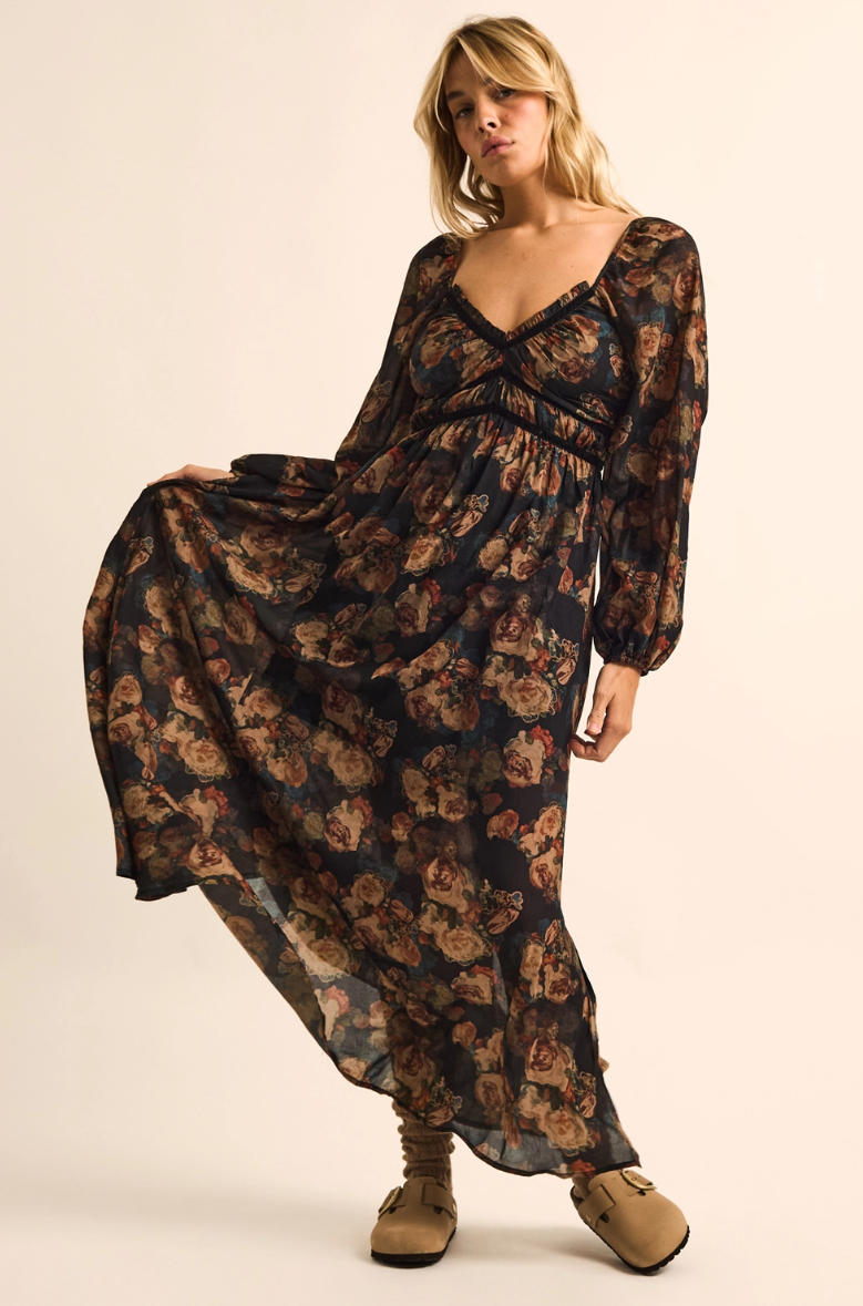 •OCTAVIA• velvet trim long sleeve maxi dress