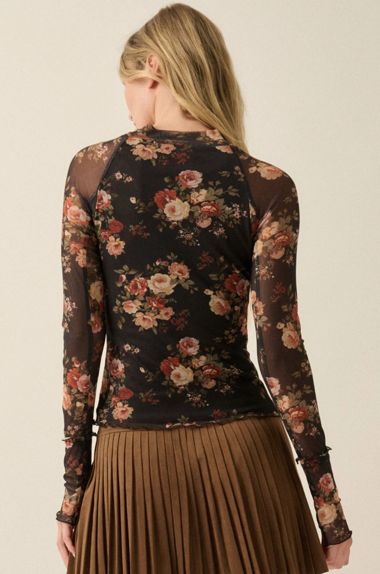 •HARLOWE• semi-sheer mesh floral top
