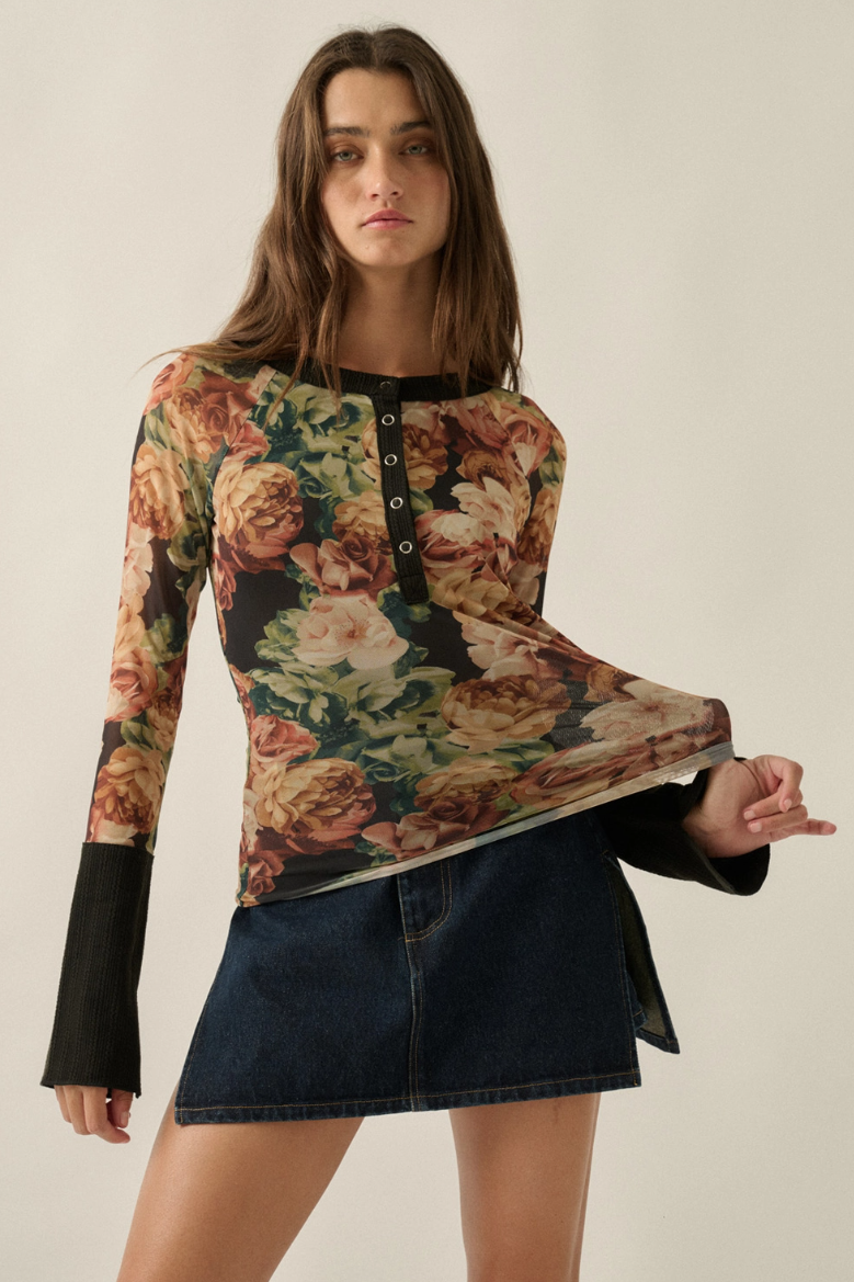 •AMORET - HENLEY• floral mesh top