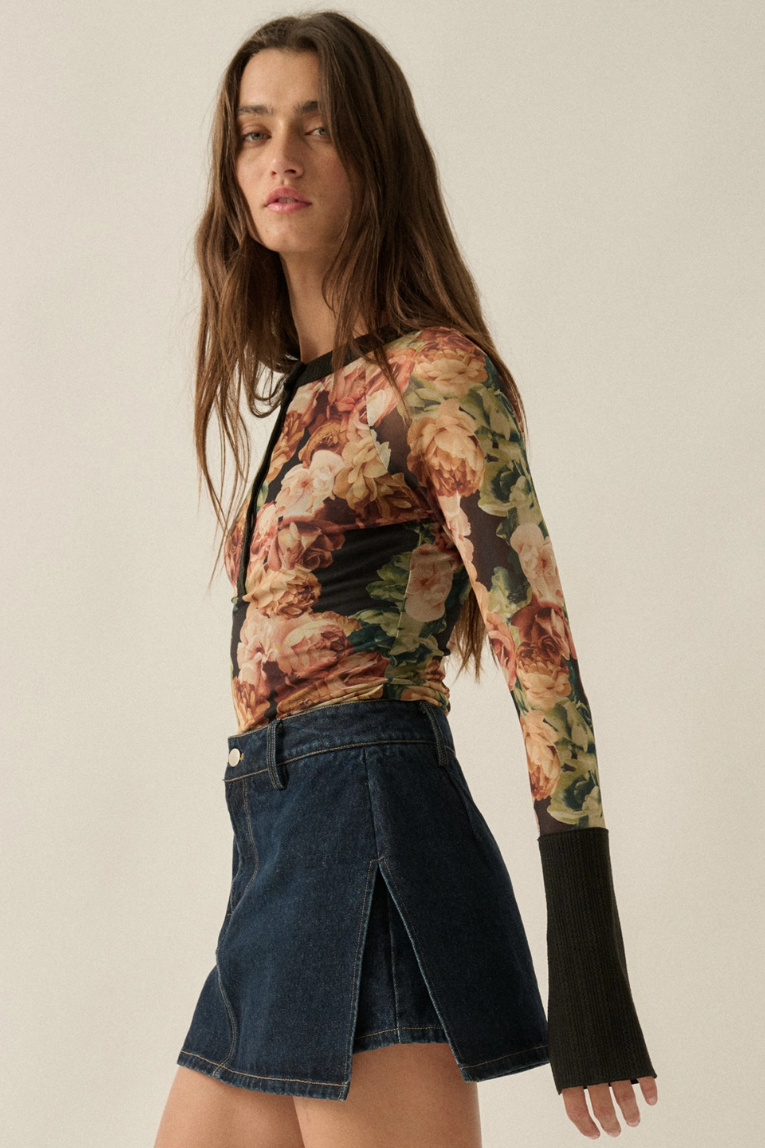 •AMORET - HENLEY• floral mesh top